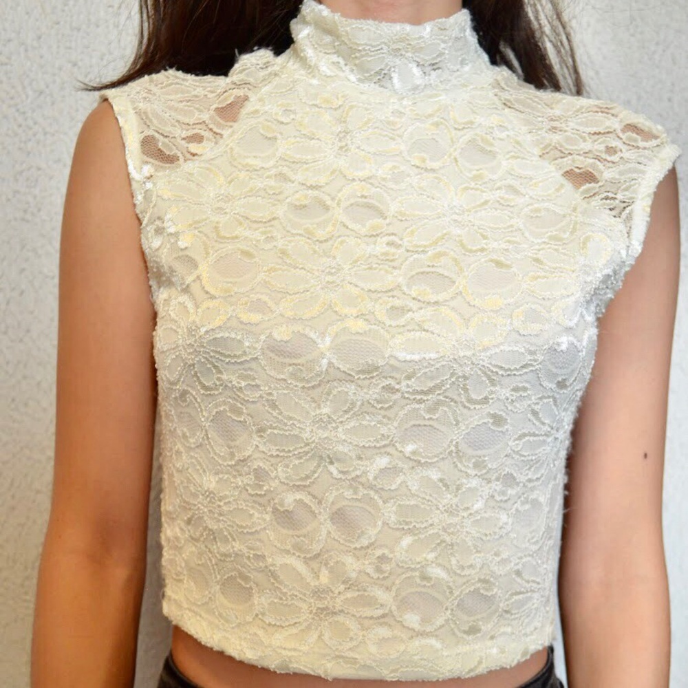 White Lace Crop Button High Neck Top